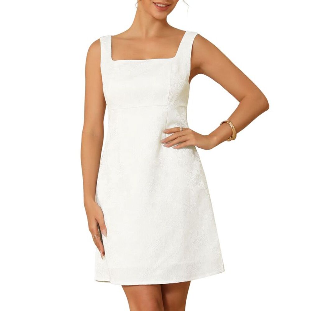 Women's Jacquard Dress Embroidery Satin Short Prom Cocktail Gown Dress White